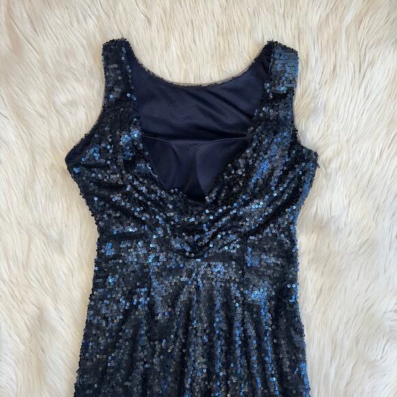 Adrianna Papell Sequin Sleeveless Scoop Back Gown Sparkle Maxi Dress Navy Blue - Picture 12 of 15